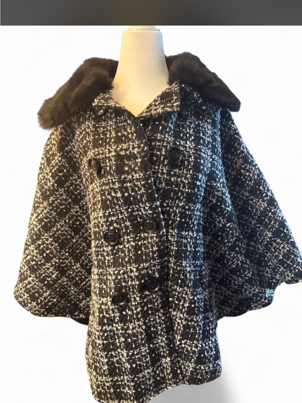 Lane Bryant Black and White Tweed Cape with Faux Fur Collar